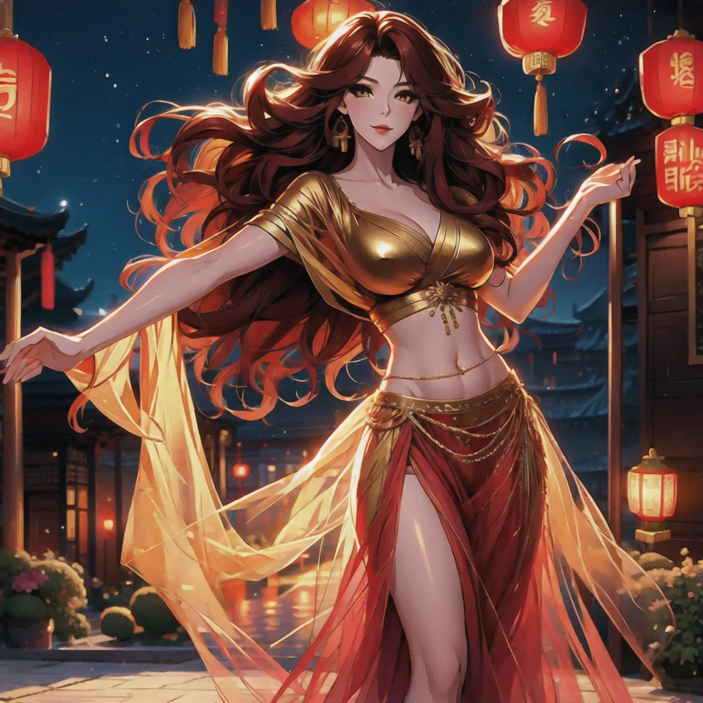 (masterpiece, best quality: 1.2), 1 female, solo, dancing alone, Xian Mei, unique golden eyes, long red curly hair, detailed face, beautiful face, jewelry, perfect anatomy, perfect body, traditional belly dance dress, medieval china, sexy, hot, beautiful background, belly dance, dance, beautiful dance, mountains in the background, flowers,