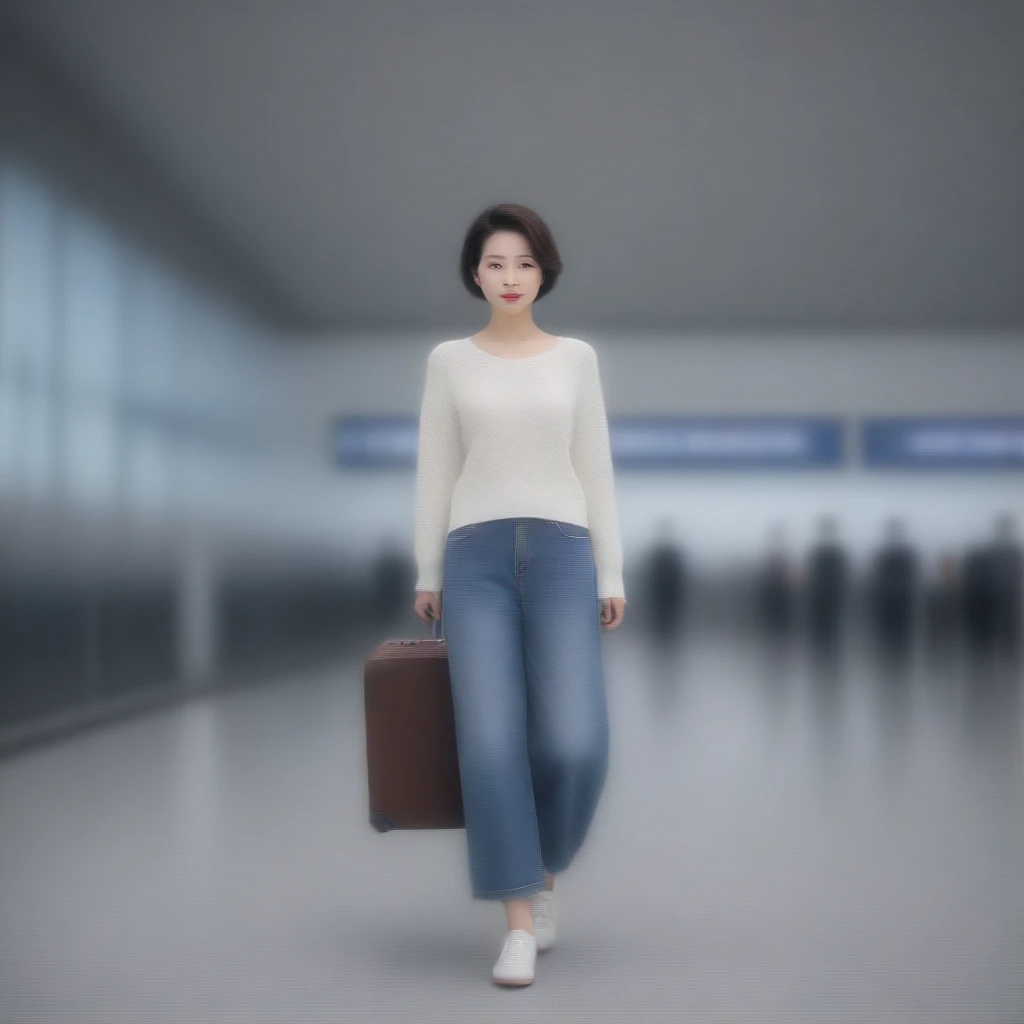 Beautiful 50s Korean woman , 32 inch chest size, Your eyes are big and pretty. Short in stature. Standing in the departure hall of the airport. . short medium hair, Standing in line at the departure hall of Frankfurt Airport, Germany. Wear comfortable travel clothes with jeans. I wore a crumpled jumper .Dragging a suitcase. short medium hair, short height, Full body shot with Canon camera 16-35 wide angle lens, short medium hair. expressionless, full body shot, perfect fingers, Make the airport electronic display visible, 멀리 full body shot, I see an electronic display board, short woman, It's in the airport departure hall.