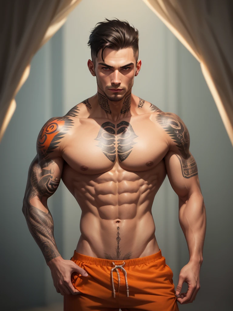 Thin but muscular man, with a rude and flirtatious face, Full of tattoos, He is a prisoner and wears an orange prison jumpsuit, shirtless.