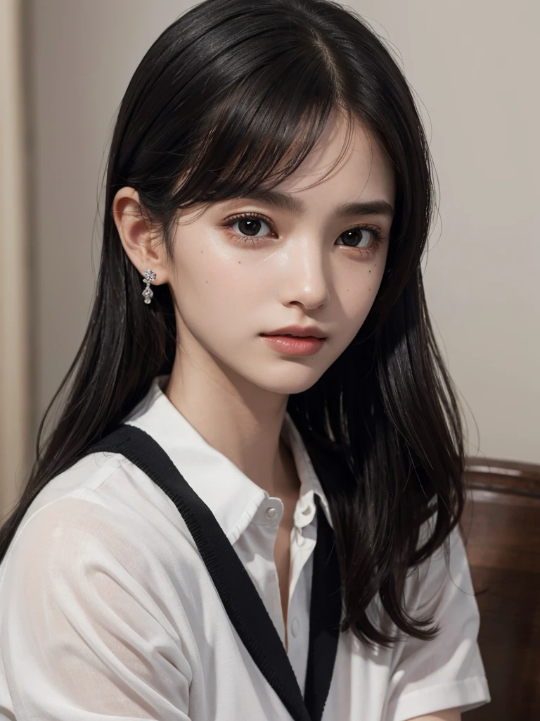 absurdres, RAW photo, extremely delicate and beautiful, masterpiece, Best Quality, ultra high resolution, 32k, hyperrealistic, ultra-detailed, perfect figure, in her 20s, very small head, very small face, delicate facial features, tearful mole, earring, huge breasts, legs, full body shot, medium hair, black hair, colored inner hair, sweat, school_uniform,