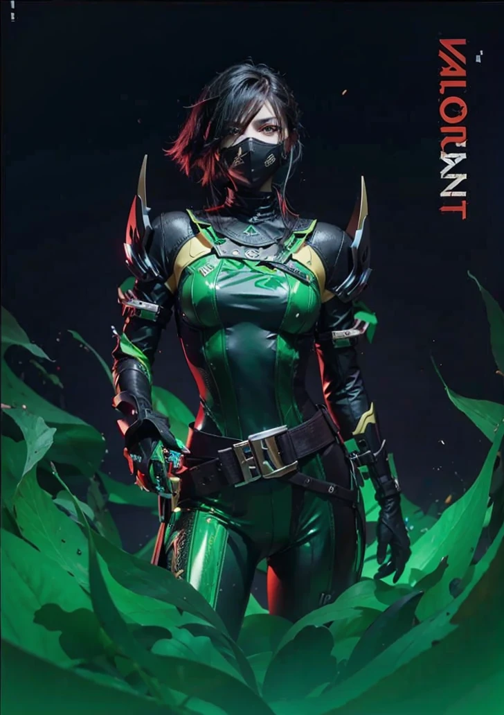 CLOSE UP ON NAILS THAT HAVE A DESIGN INSPIRED BY THE CHARACTER VIPER FROM THE GAME VALORANT IN GREEN AND BLACK COLORS AND OTHER COLORS THAT LOOK LIKE THE CHARACTER COMPLETE SET WITH ALL THE NAILS ON THE HAND