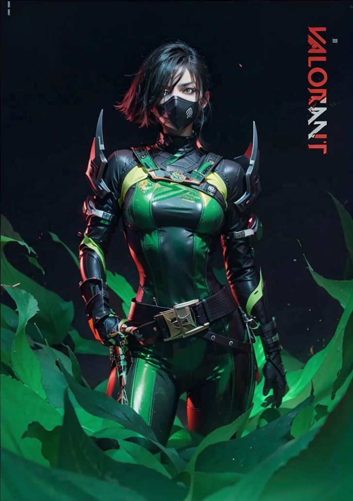 CLOSE UP ON NAILS THAT HAVE A DESIGN INSPIRED BY THE CHARACTER VIPER FROM THE GAME VALORANT IN GREEN AND BLACK COLORS AND OTHER COLORS THAT LOOK LIKE THE CHARACTER COMPLETE SET WITH ALL THE NAILS ON THE HAND