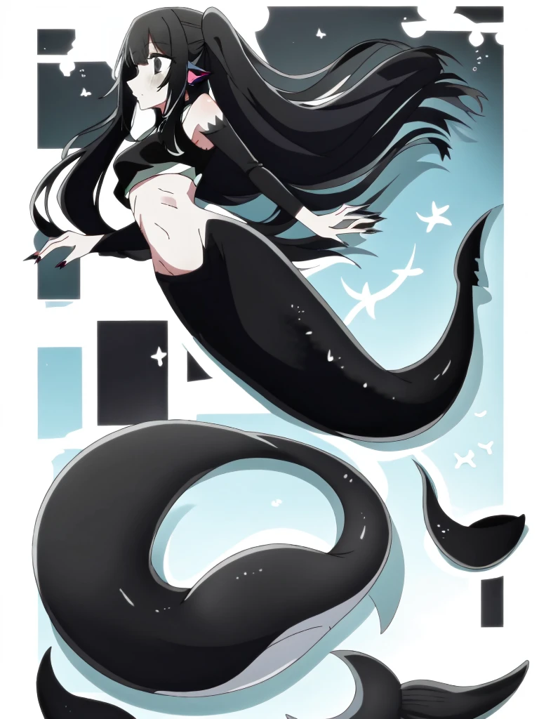 (mermaid:1.0), long black shark tail, full body, midriff black crop top, beautiful perfect symmetrical face, beautiful cute dark teenager girl, full body ,under the sea, long black pony tail, fins, stretching, side view, long nails,