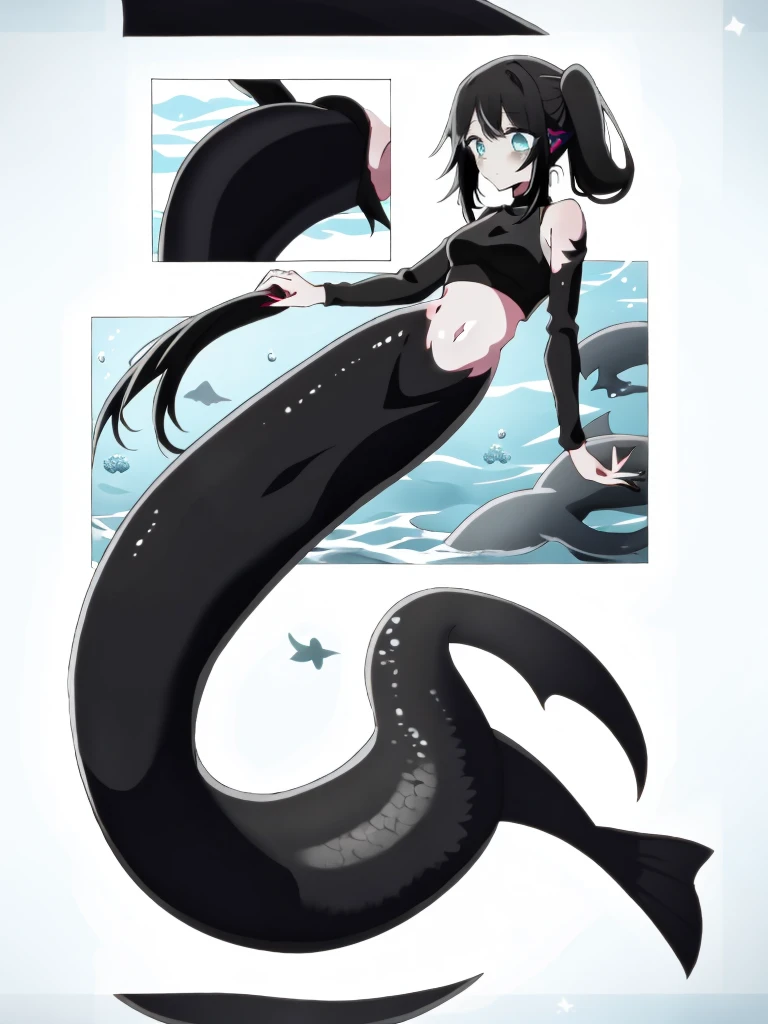 (mermaid:1.0), long black shark tail, full body, midriff black crop top, beautiful perfect symmetrical face, beautiful cute dark ager girl, full body ,under the sea, long black pony tail, fins, stretching, side view, long nails,