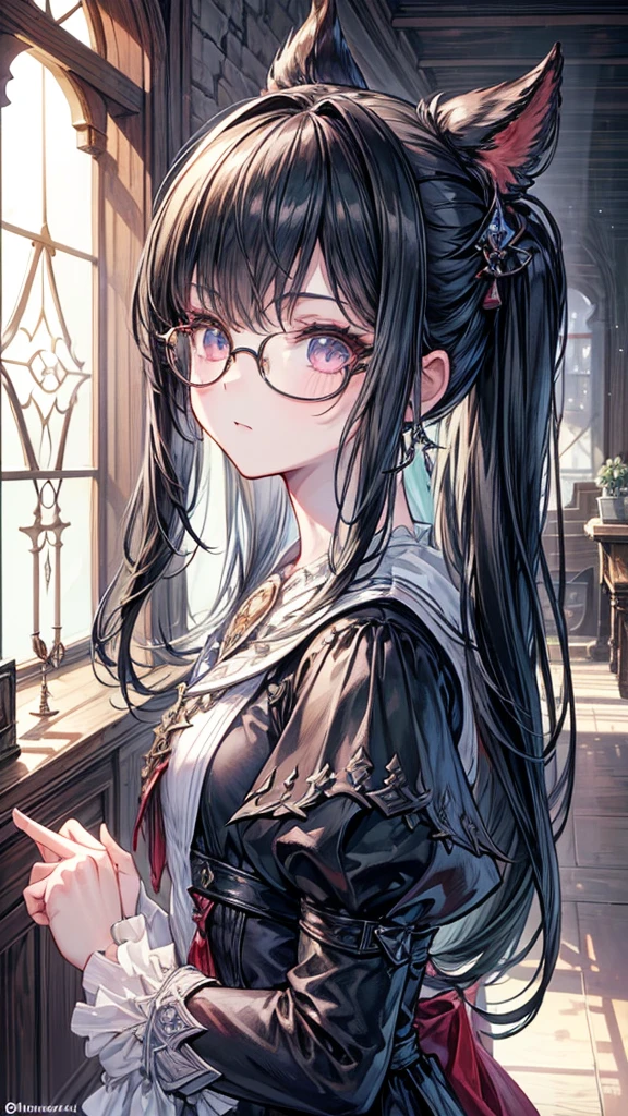 super masterpiece、Masterpiece、High quality、Best Quality、1 girl、Limsa Lominsa in FFXIV、Black hair blunt、Round Glasses、A profile of a man gazing into the distance with a nostalgic gaze