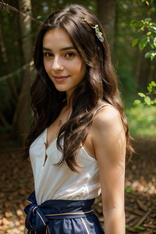 She is a woman, with a slim figure.clear skin. long dark hair, that falls in soft waves to the back, often adorned with colorful ribbons . eyes are deep, light brown. His smile is bright. Regarding his style, prefers to combine colors that reflect his connection with the earth and nature.