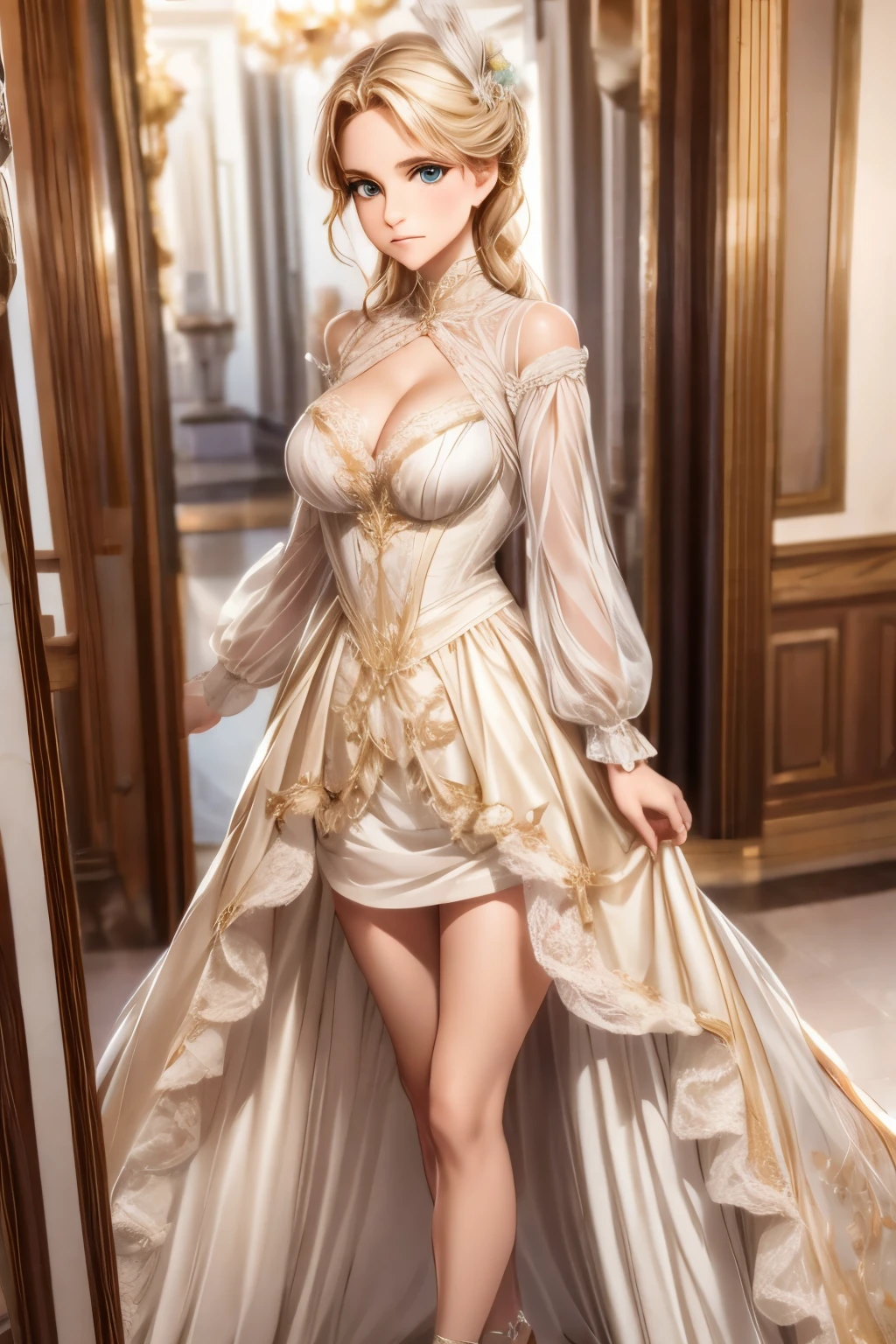 village realisticlying、Virginia Otis -yeld ble hair blue eyes、City of victorian age, Europe. aristocrat girl、Looking up from below、 wear long sleeve sheer fabric dress、Various dynamic sexy poses、Face smile、cute face, Depicts the whole body、