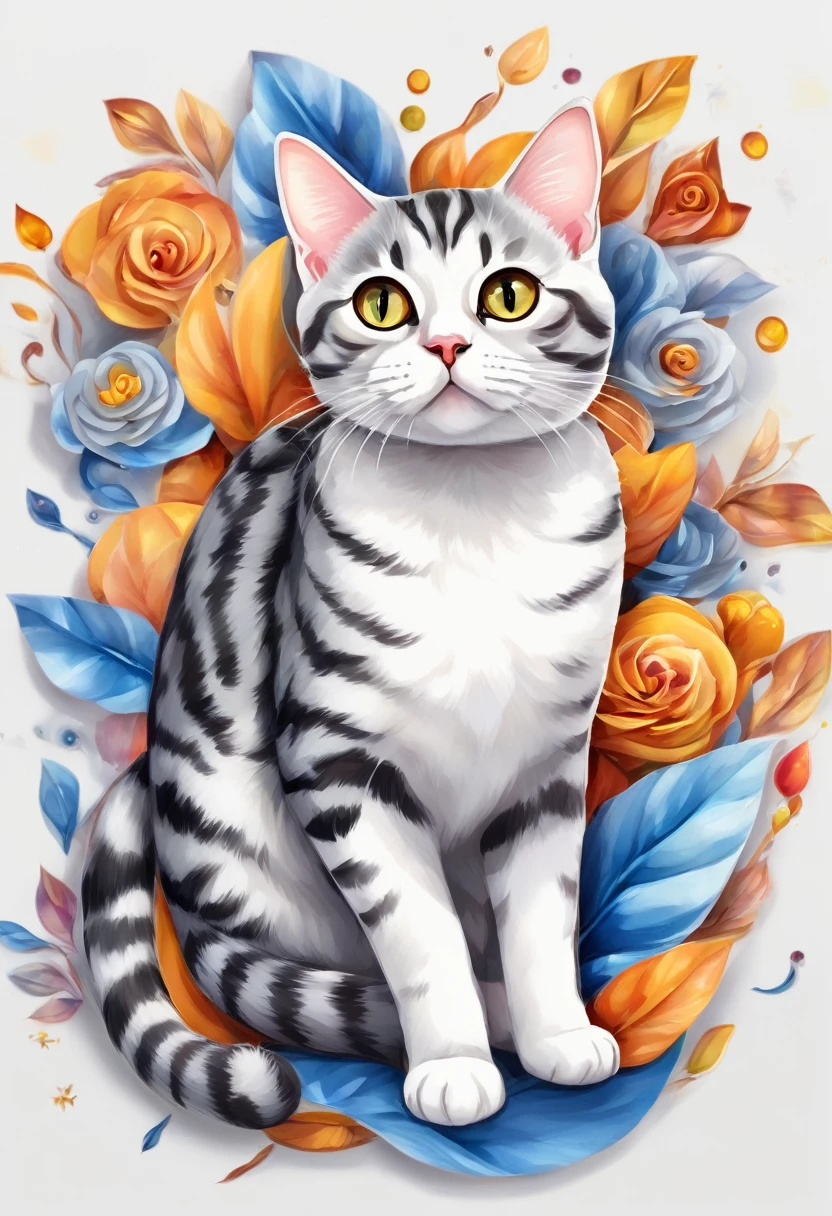 a cat of the American Shorthair breed, 3D watercolor style painting, American Shorthair cat, full picture, High contrast high resolution (photorrealistic:1.5), White background, sticker style, (raw photos, 16K, HD,