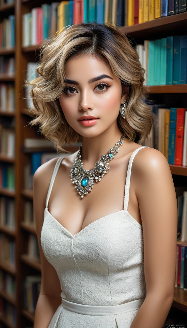 (((beautiful beautiful Isabela Merced, posing for photoshots, looking sexy, closed lips, extremely beautiful eyes))), ((wearing floral silver necklace)), realistic photoshotgraph, highy detailed, Spitz focus, (Main lighting), (indoor bookstore environment), work of art, very short and curly hair, bangss, bangss covering forehead, ((Short blonde hair, selvagem e cacheado e bangss:1.2)) extremely beautiful, Perfect beauty, (perfect shape body, Broad Hips, small waist, thick-thighs, firm abs, Body cute, sexy legs, gorgeous knees knees, kneecaps, focus on the knees, breasts small), ((30 years old)), (extremely detaild 8k wallpaper), ((face detailed)), (((wearing  white shirt, saia curta de tweed, kneecaps, knees, nylons with a seam, Strad sandals)), (long dark eyelashes), (((aretes))), (looking at the camera), (((kneecaps)))) (glamor model), (seductive facial expression) (((standing between tall shelves full of books))), extremely detaild, work of art, details Intricate, highy detailed, Spitz focus, skin detailed, realistic skin texture, texture, detailedeyes, high resolution, kodak vision color, photoshot_\(ultra\), Post-processing, maximum detail, roughness, real-life, ultra realistic, photoshotrealism, photoshotgraphy, absurderes, RAW photoshot, highest quallity, high detail RAW color photoshot, professional photoshot, extremely detaild UHD 8k wallpaper unit, best qualityer, high resolution, (work of art, maximum quality, high resolution:1.4), photoshot, cinematic, Film grain, Spitz, soft natural light, magic photoshotgraphy, super verbose