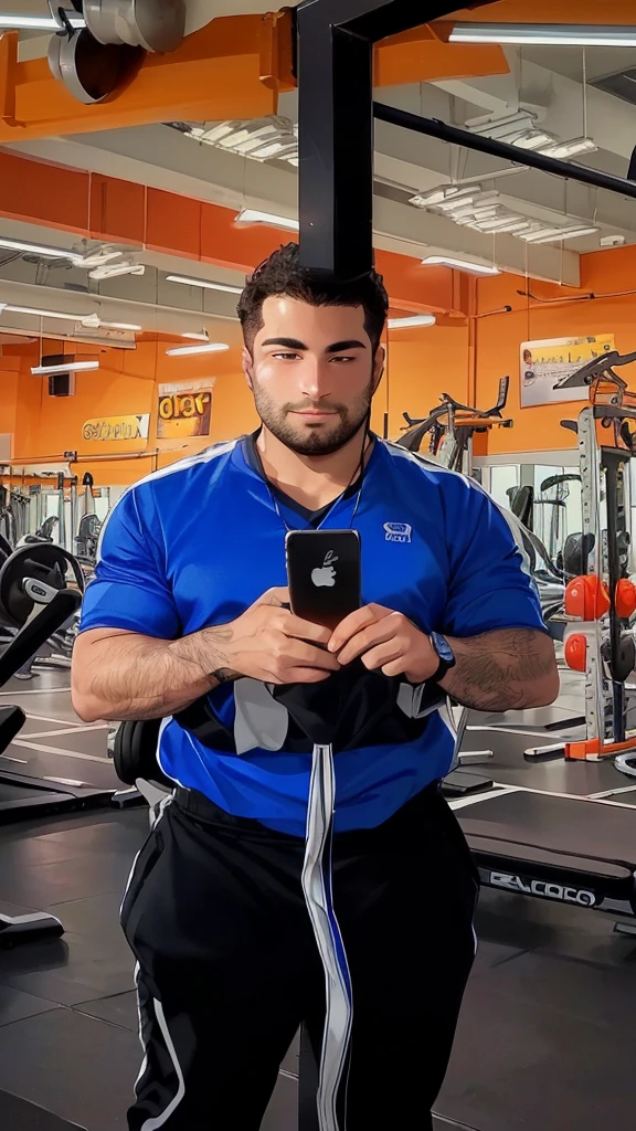 arafed man in a blue shirt is using a cell phone, in a gym, reflection of phone in visor, working out, holds a smart phone in one hand, by Matteo Pérez, in a planet fitness, shot on iphone 1 3 pro max, very accurate photo, competition winning, he is holding a smartphone, holding a very advance phone