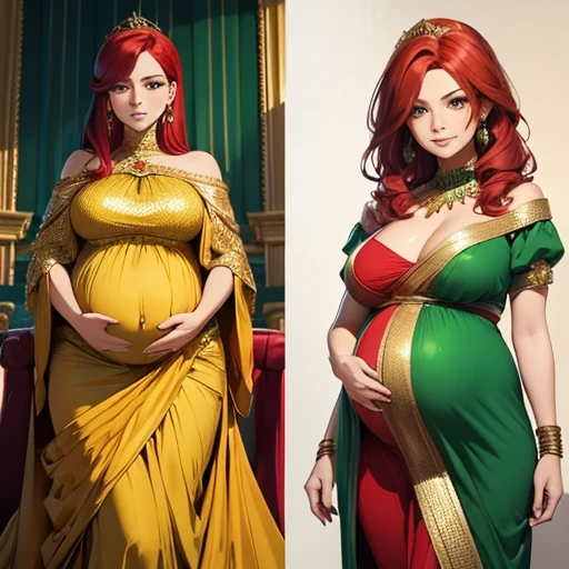 Beautiful pregnant queen, red hair, green dress with gold details,