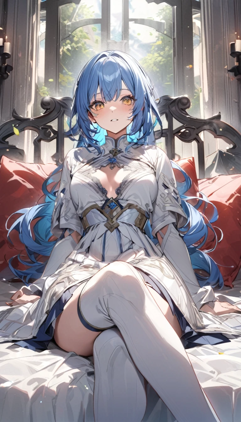 Ayaka, Long Blue Hair, Beautiful Face,smile,Close up to the hips, Mid-chest, Sit on the bed, Beautiful white pajamas, (Open your mouth:0.4),figure,Detailed Texture(Realist),Super detailed,Portrait Style,Vibrant colors,Soft lighting, Blushing, mature, No bra, Hair fluttering, Soft Breasts