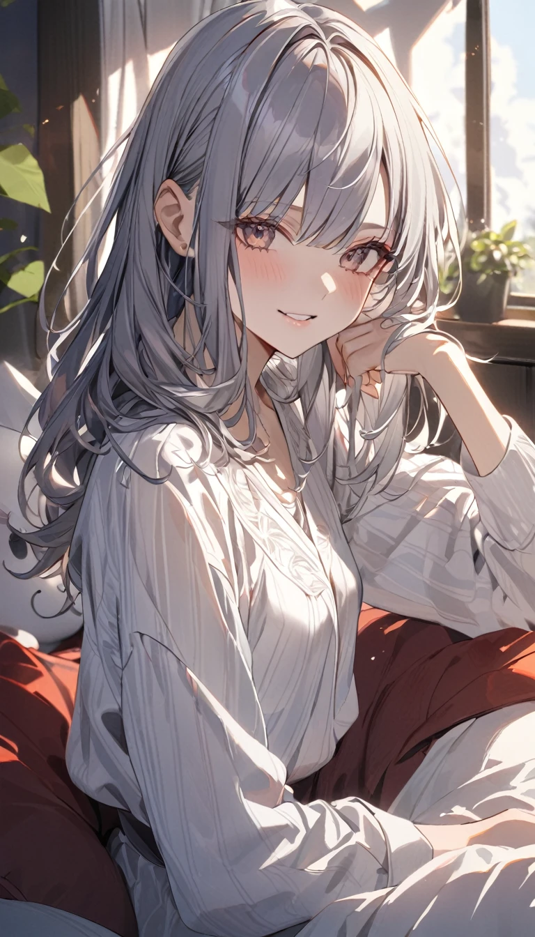 Ayaka, Long Blue Hair, Beautiful Face,smile,Close up to the hips, Mid-chest, Sit on the bed, Beautiful white pajamas, (Open your mouth:0.4),figure,Detailed Texture(Realist),Super detailed,Portrait Style,Vibrant colors,Soft lighting, Blushing, mature, No bra, Hair fluttering, Soft Breasts