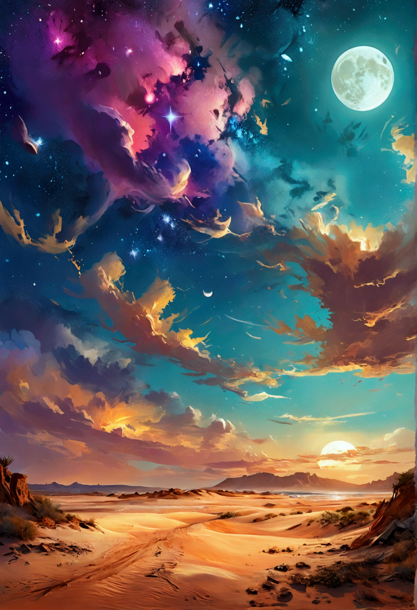 painting of a wasteland with a beautiful beach, Bela arte UHD 4K, stary night,moonligh,a beautiful art illustration, cute digital painting, digital painting highly detailed, beautiful digital art, wasteland,Arabian Desert , wasteland oasis, detailed painting 4k, very detailed digital painting, rich, picturesque colors, beautiful digital painting two moon, one sun