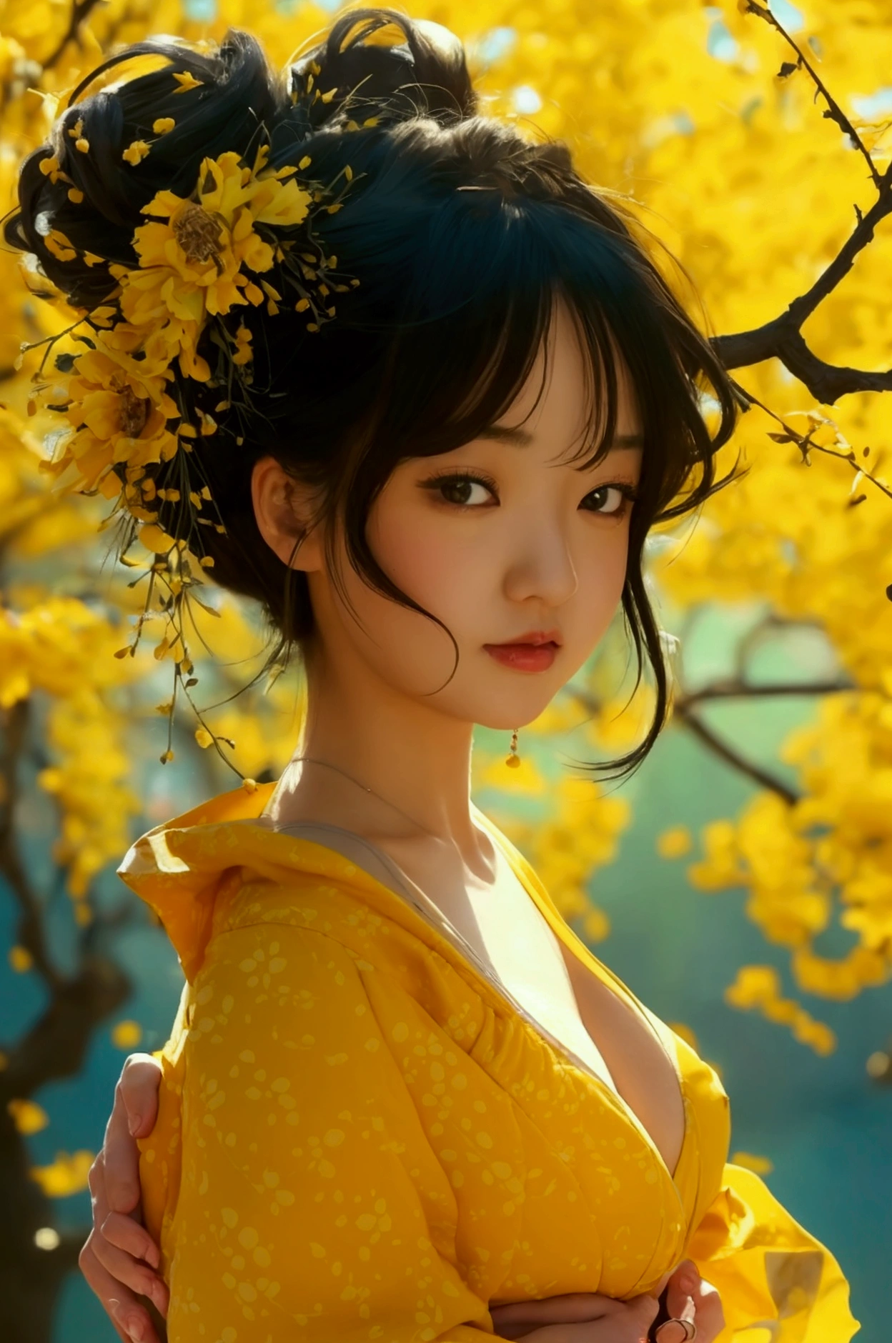 a woman in a yellow dress posing for a picture, tumblr, shin hanga, big breasts!!, extremely fat, very fat, sakimichan hdri