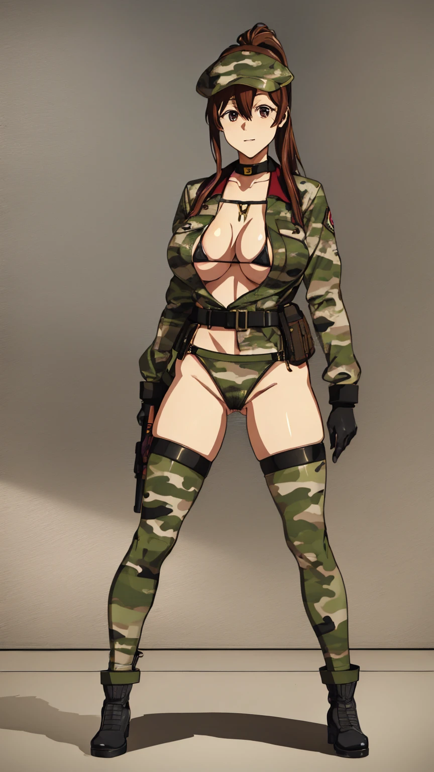 A round-faced female soldier wearing a camouflage micro bikini under her camouflage jacket、26 years old、Beautiful bare legs、Brown Hair、Short ponytail、High resolution、8K、A dull smile、erotic、Beautiful female body、Camouflage hats、Camouflage thong、Black boots、Black gloves、Ammunition belt、suspenders、A tight and toned body、Pussy、pubic hair、 Body shot of the goddess in the movie,Unreal Engine Characters、Standing posture、height: 175cm、Large Breasts、Big Ass、
