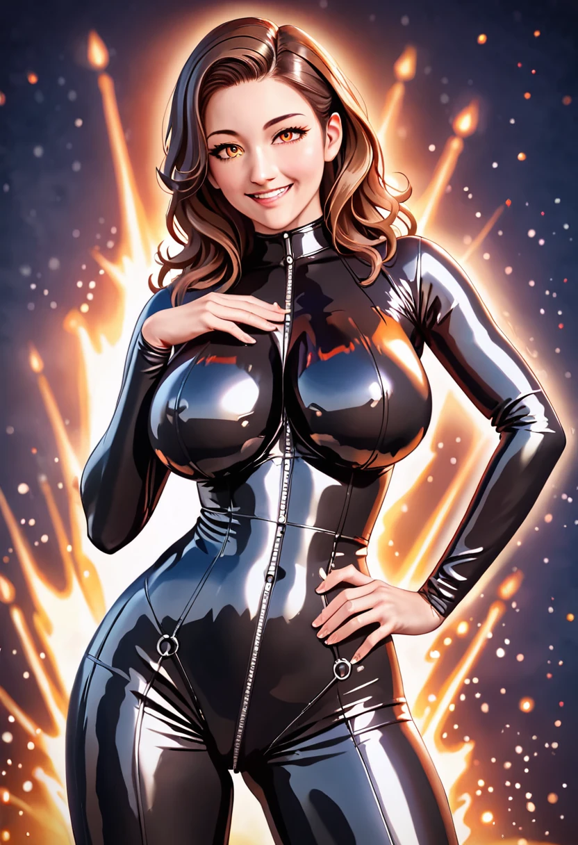 Anime style, source_anime, ((Large round breasts)), (1 Girl), ((brown hair)), orange eyes, double eyelids, light effect in the eyes, wide hips, naughty smile, ((hourglass hot perfect sexy body)), solo, best quality, masterpiece, portrait, flirting with viewer, sensual pose, detailed, perfect anatomy, detailed art, high definition, 4k , high resolution, (full latex outfit),