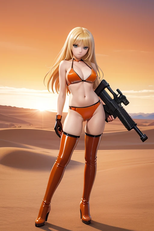 Perfect Anatomy Highest quality,Highest Resolution,(((Dark orange bikini latex Thigh-high boots))) Metal Max 2:Reloaded Mishka gun Blonde long hair Blue Eyes D Cup 20-year-old end of the century desert athletic Warrior cool