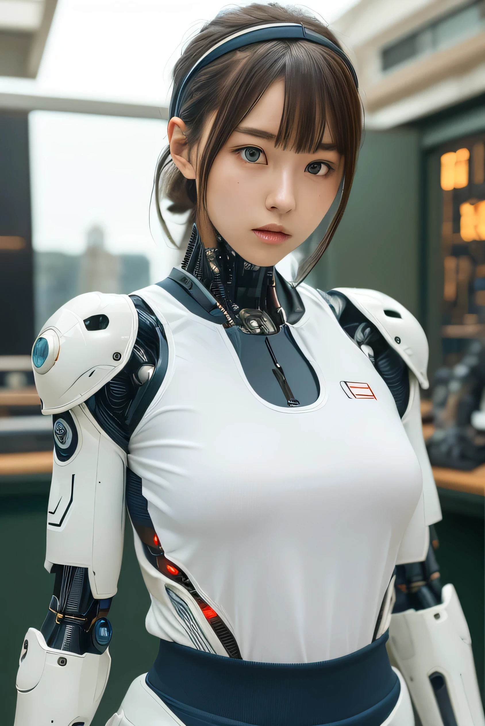 masterpiece, best quality, extremely detailed, Japanese android girl,Plump ,control panels,robot arms,robot,android,cyborg,white robot body,ceramic body,perfect robotgirl,blunt bangs,tennis player,tennis wear,blue eyes