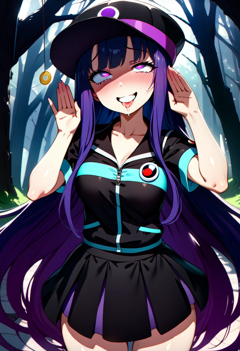 (masterpiece),(Highest quality),(Super detailed),(Best illustrations),(Best Shadow),(Absurd),(Detailed Background),(so beautiful),(in forest),(Pokémon trainer outfit with skirt and cap), 16K, 8K,(Best illustrations),(so beautiful),(swinging pendulum, coin on string), (pendulum radiates purple energy) (full attention on pendulum) (salute stance), One person, alone, very long hair, brunett, Perfect figure, spiral-shaped pupils, orgasm, afterglow, erotic smile, pokeball badge hair fastening, Sexy posture, pose towards camera, water eyes, saliva trail, , shiny skin, Taking illegal drugs, , torogao, ahegao, BREAK, Clear liquid, morning, , Hypnosis assignment, mysterious, , spoken hearts,