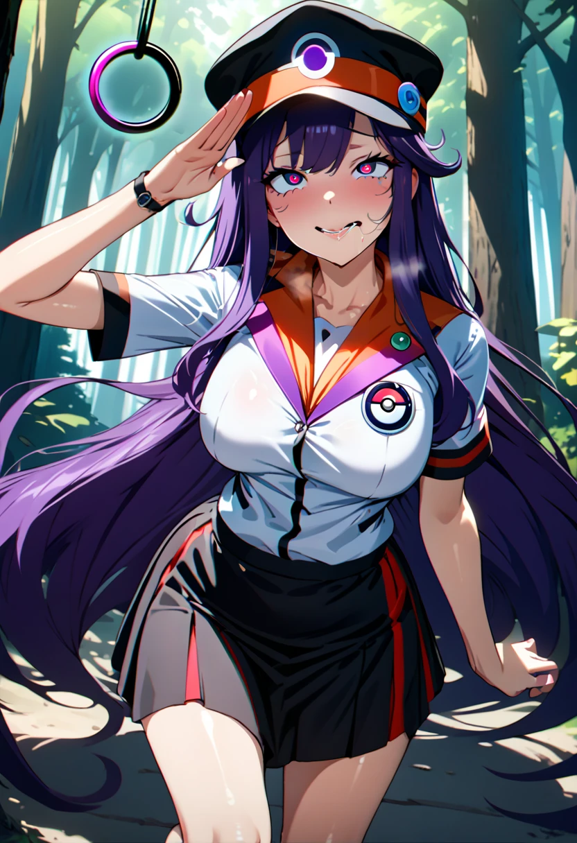 (masterpiece),(Highest quality),(Super detailed),(Best illustrations),(Best Shadow),(Absurd),(Detailed Background),(so beautiful),(in forest),(Pokémon trainer outfit with skirt and cap), 16K, 8K,(Best illustrations),(so beautiful),(swinging pendulum, coin on string), (pendulum radiates purple energy) (full attention on pendulum) (salute stance), One person, alone, very long hair, brunett, Perfect figure, spiral-shaped pupils, orgasm, afterglow, erotic smile, pokeball badge hair fastening, Sexy posture, pose towards camera, water eyes, saliva trail, , shiny skin, Taking illegal drugs, , torogao, ahegao, BREAK, Clear liquid, morning, , Hypnosis assignment, mysterious, , spoken hearts,