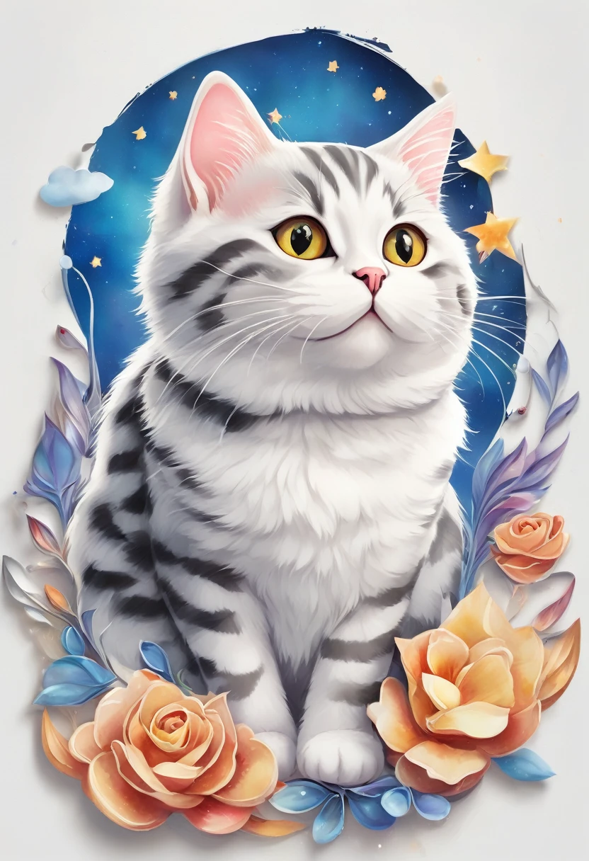 a cat of the American Shorthair breed, 3D watercolor style painting, American Shorthair cat, full picture, High contrast high resolution (photorrealistic:1.5), White background, sticker style, (raw photos, 16K, HD,