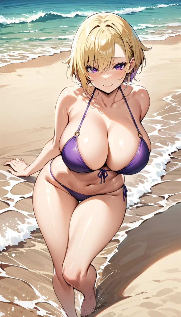 ((Best Quality)), ((Masterpiece)), (detailed), 1 girl, Pastel yellow hair, cavello largo, hair covers one eye, purple eyes, big breasts, big thighs, expression smiling shy, wearing a thin purple bikini, on the beach, perspective from feet to cavesa, looking at the viewer, walking along the shore