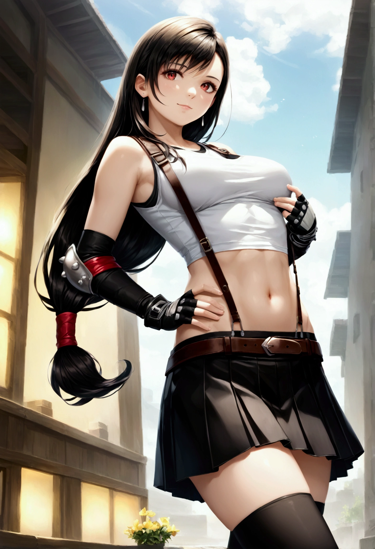 score_9, score_8_up, score_7_up,,BREAK , ,from side,front view,below angle,,standing,contrapost,upperbody ,,straight-on,Solo,1girl, tifa lockhart, final fantasy,ultra beautiful ,black hair, low-tied long hair, red eyes, bangs, (white tank top,gap),High exposure，Belly exposure，the ribs，(belt, pleated skirt, thighhighs, elbow fingerless gloves, elbow pads, midriff, navel,suspenders.skirt),beautiful waist ,((large_breast:1.3)),light smile,,hand on own hip,daytime,outdoor,(ultra detailed),(best quality),(aesthetic,very aesthetic),UHD,photorealistic,game cg.extremely detailed CG unity 8k wallpaper,anime,depth of field,,, 　　