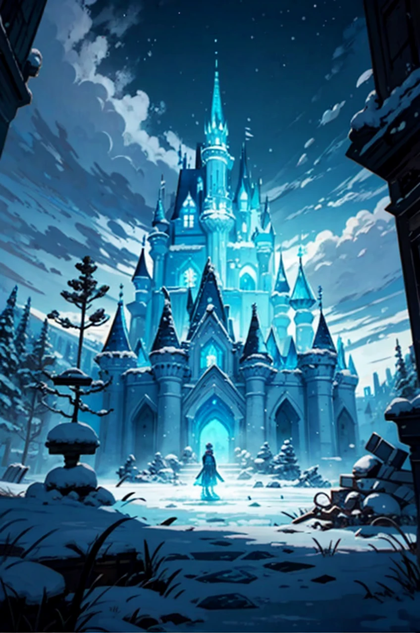 Frozen kingdom in ruins with a frozen and destroyed castle