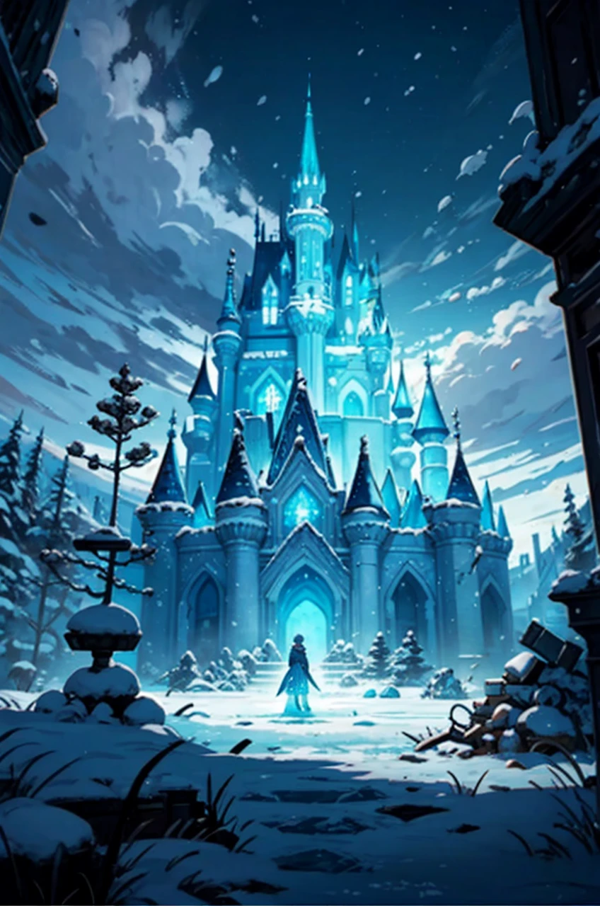 Frozen kingdom in ruins with a frozen and destroyed castle