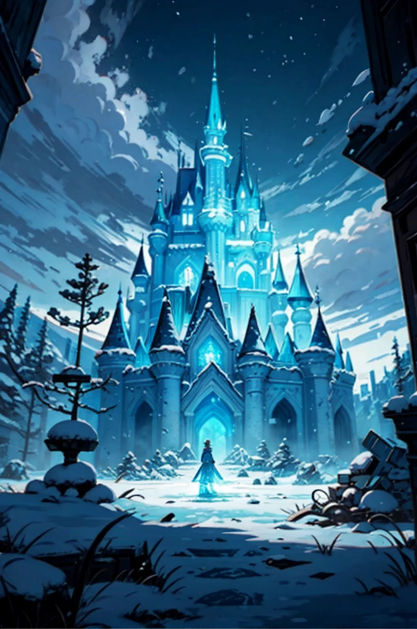 Frozen kingdom in ruins with a frozen and destroyed castle