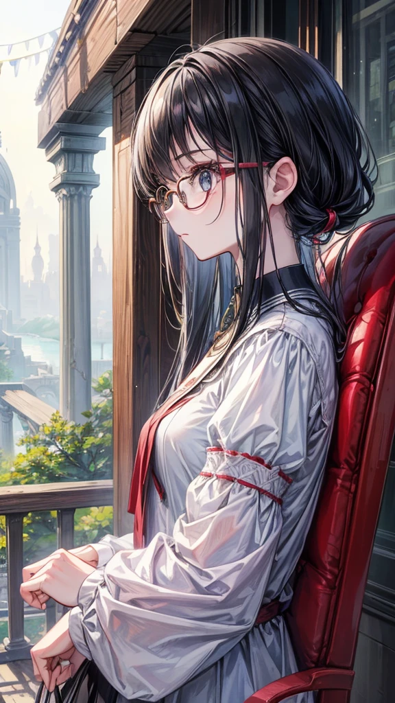 super masterpiece、Masterpiece、High quality、Best Quality、1 girl、Ancient Walled City、Black hair blunt、Round Glasses、A profile of a man gazing into the distance with a nostalgic gaze