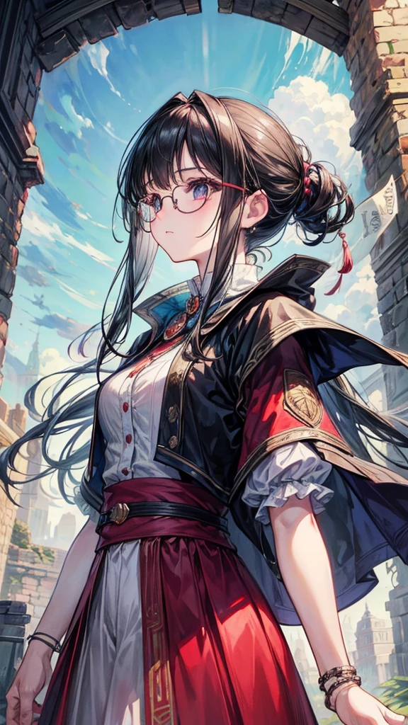 super masterpiece、Masterpiece、High quality、Best Quality、1 girl、Ancient Walled City、Black hair blunt、Round Glasses、A profile of a man gazing into the distance with a nostalgic gaze