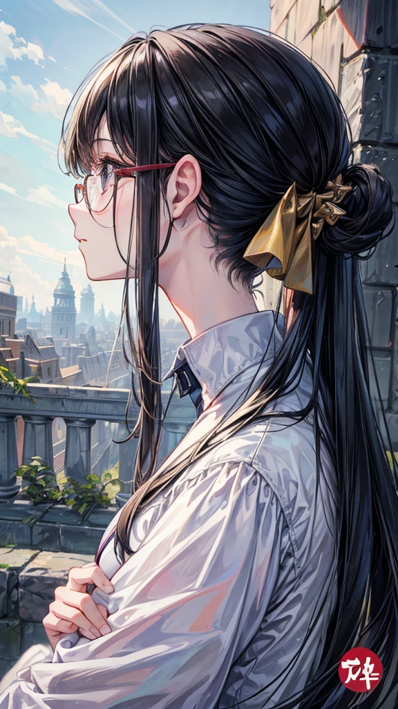 super masterpiece、Masterpiece、High quality、Best Quality、1 girl、Ancient Walled City、Black hair blunt、Round Glasses、A profile of a man gazing into the distance with a nostalgic gaze