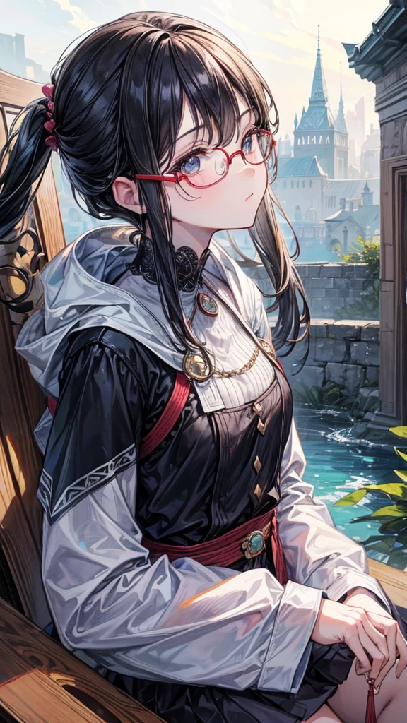 super masterpiece、Masterpiece、High quality、Best Quality、1 girl、Ancient Walled City、Black hair blunt、Round Glasses、A profile of a man gazing into the distance with a nostalgic gaze