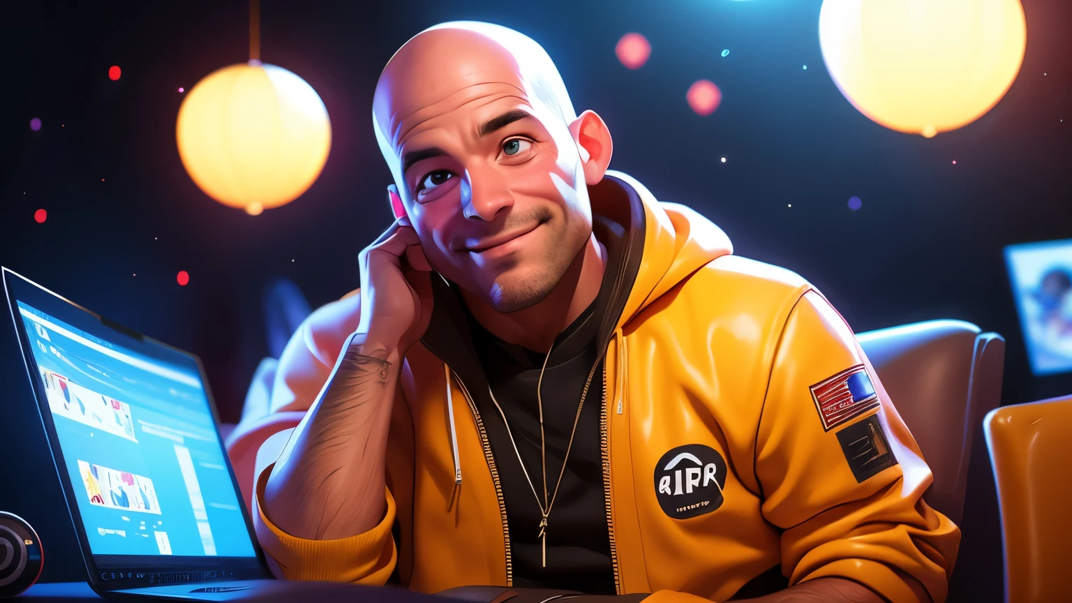 arafed 50 years old man, geek , rich in a luxury suit , sitting in front of a laptop, a portrait inspired by Eddie Mendoza, featured on reddit, cynical realism, twitch streamer / gamer ludwig, portrait of Jazon statham , twitch streamer, mid shot portrait, streaming on twitch, andres rios, brian pulido, at night, slightly smiling, portrait shot 8 k, jody highroller