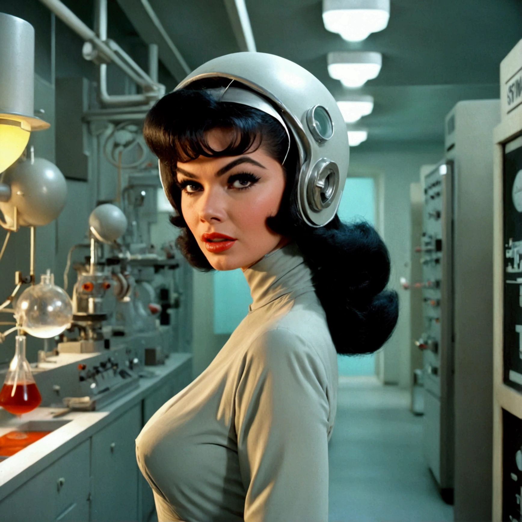 jayne mansfield (age 25, young and vibrant, sexy sci fi scientist), damsel in distress, recoiling from a terrible monster. science lab 1960s sci fi cinema. Show all of her, full body shown