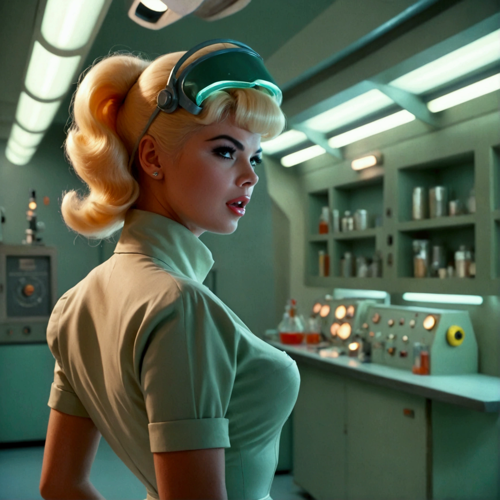 jayne mansfield (age 25, young and vibrant, sexy sci fi scientist), damsel in distress, recoiling from a terrible monster. science lab 1960s sci fi cinema. Show all of her, full body shown