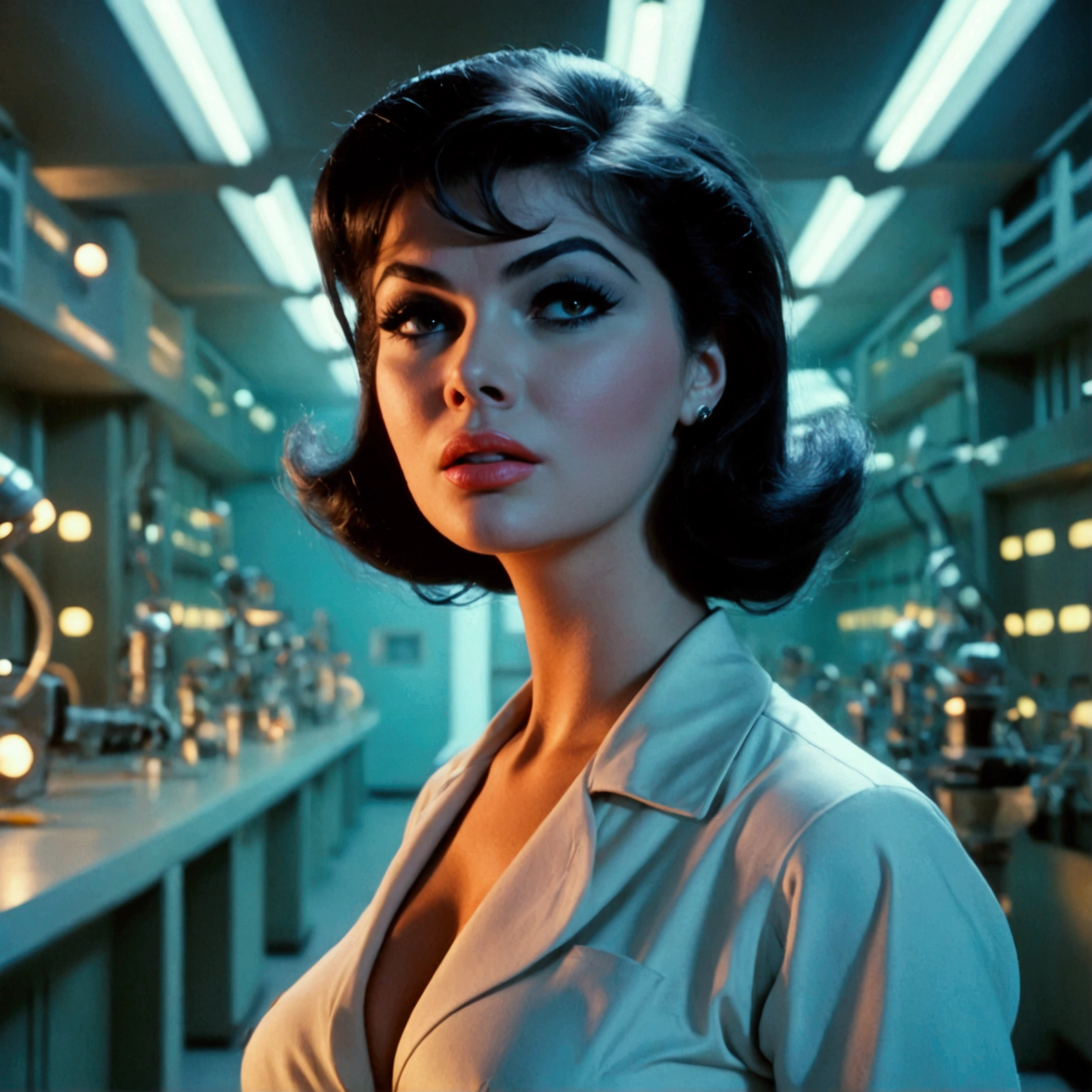jayne mansfield (age 25, young and vibrant, sexy sci fi scientist), damsel in distress, recoiling from a terrible monster. science lab 1960s sci fi cinema. Show all of her, full body shown
