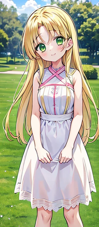 1girl, solo, green eyes, blonde hair, longe hair, Asia Argento, pink and white striped dress, looking the viwers, masterpice, outdoors, daytime, smiling, 8K, Ultra high quality, ((masterpiece: 1.2)), ((mature female, masterpiece, mistress, goddess))