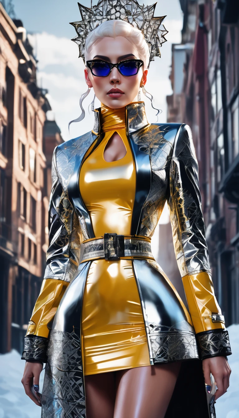 ((Super realistic details)) Shadow、octan render、8K、ultrasharp、Steampunk Body、Details of complex ornaments、cold color、Gothloli details、highly intricate detail、Realistic light、CGSoation Trends, radiant eyes featuring a stylish and confident evil ice queen, she has an arrogant look .modern fashion. dressed in bold and fashionable all yellow rubber outfits, showcasing a unique combination of elegance and strength. attire includes sleek, form-fitting dressed and bodysuit made of shiny materials, paired with oversize long latex coat that have (((dramatic high collar of coat))), (((high collar of coat))) (((very high and wide collar of coat))), (((collarbone))) and intricate patterns. The colors and designs vary, featuring a long coat with patterned latex coat. outfit is accentuated with latex boots and latex gloves, sunglasses, emphasizing her commanding and poised presence. Highlight her modern, daring fashion sense and her ability to dominate any space with her fashionable and assertive demeanor, sexy pose Sit with your legs apart, Leg spread, on ((ice throne on ice palace)), nudity.