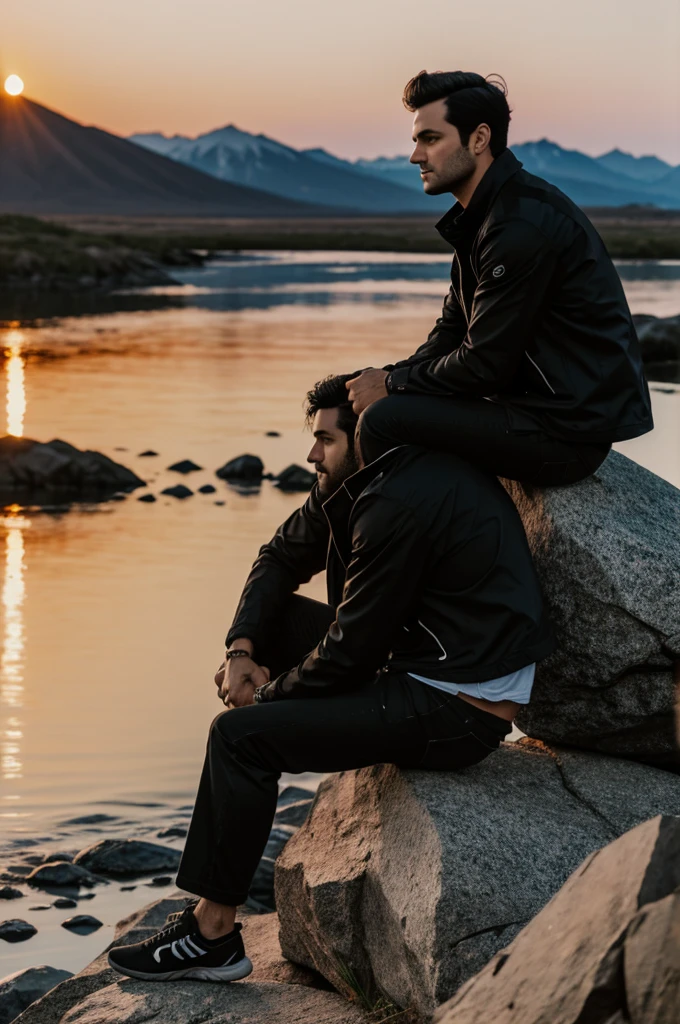 White man with black hair, sitting on a rock, dressed in a black jacket watching the sunset, accompanied by a wolf