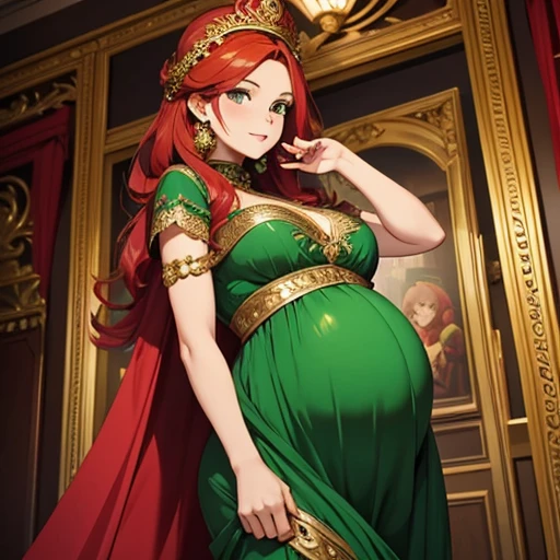 Beautiful pregnant queen, red hair, ornate green dress with gold details,