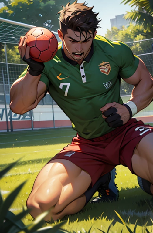 A strong and sexy soccer masculine player being eaten alive by a plant