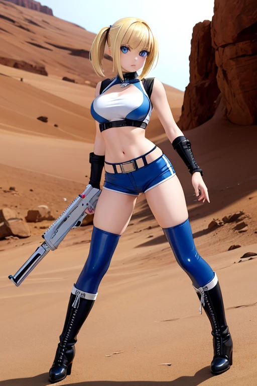 Perfect Anatomy　Highest quality,Highest Resolution,(((hot pants　boots)))　Metal Max 2:Reloaded　Lena　gun　Blonde　short　Blue Eyes　C Cup　Toned　************　end of the century　desert　