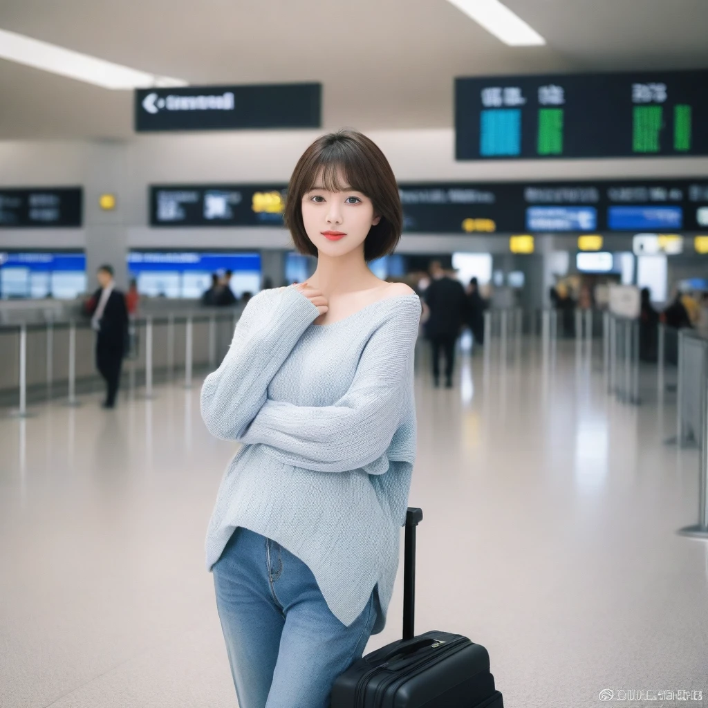 Beautiful 50s Korean woman , 32 inch chest size, Your eyes are big and pretty. Short in stature. Standing in the departure hall of the airport. . short medium hair, Standing in line at the departure hall of Frankfurt Airport, Germany. Wear comfortable travel clothes with jeans. I wore a crumpled jumper .Dragging a suitcase. short medium hair, short height, Full body shot with Canon camera 16-35 wide angle lens, expressionless, full body shot, perfect fingers, Make the airport electronic display visible, 멀리 full body shot, I see an electronic display board, short woman, It is in the departure hall of the airport where many people come and go.