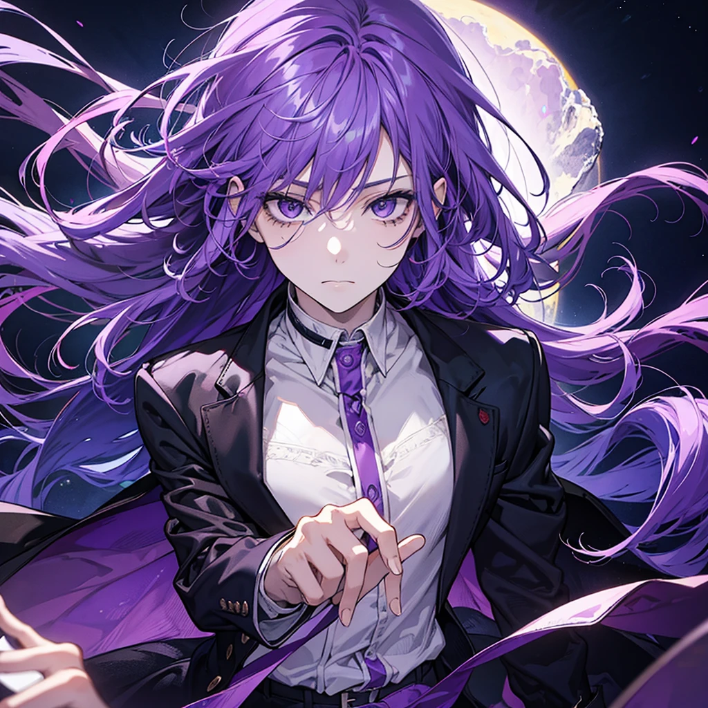 a man with purple hair, purple eyes, and a cool expression