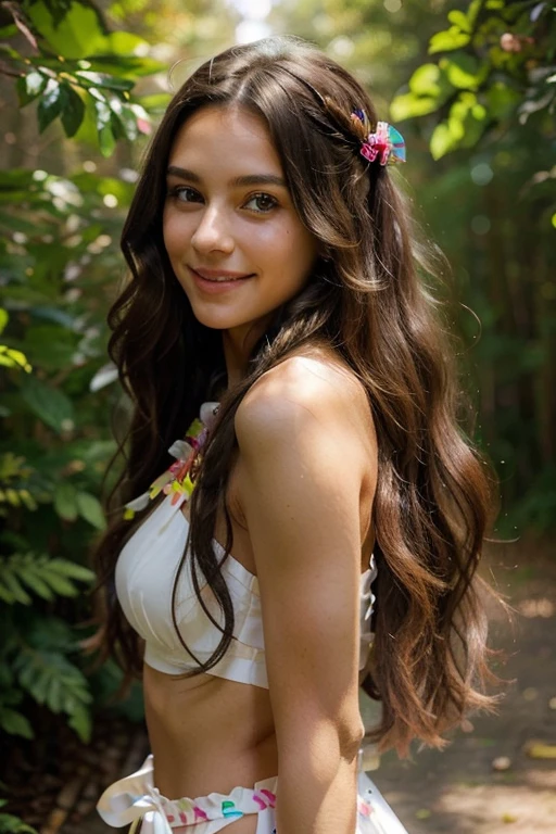 She is a woman, with a slim figure.clear skin. long dark hair, that falls in soft waves to the back, often adorned with colorful ribbons . eyes are deep, light brown. His smile is bright. Regarding his style, prefers to combine colors that reflect his connection with the earth and nature.