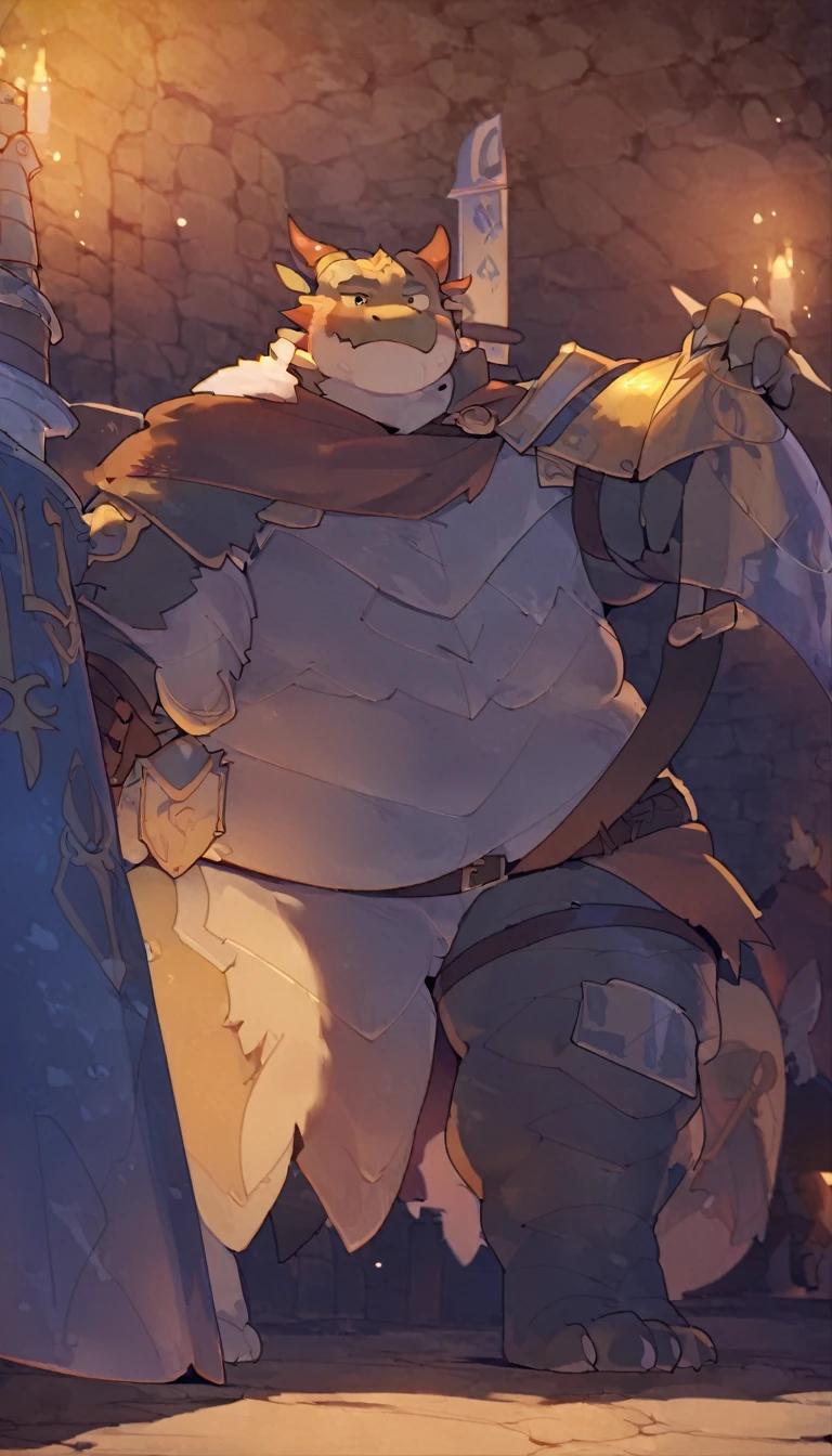 Dragon, male, furry anime,fat, chubby,perfect body,paladin,wearing Medieval adventure equipment ,A heavy greatsword on the back, Holding a large shield , medieval times,anthro,doujin,yaoi,fantasy,isekai, adventure, masterpiece, Sinematic lighting,by quanjiang