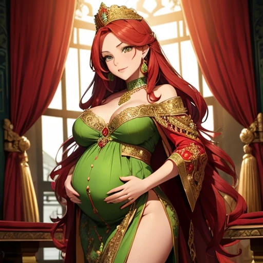 Sexy pregnant queen, red hair, ornate green dress with gold details,